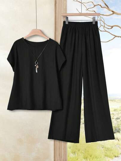 Rusticease 2pcs Women Solid Round Neck Short Sleeve Shirt And Wide Leg Pants Set,Summer Sets Lounge Everyday Black Casual Brunch Travel