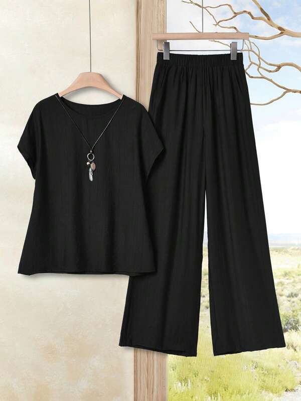 Rusticease 2 件套女士纯色圆领短袖衬衫和阔腿裤套装