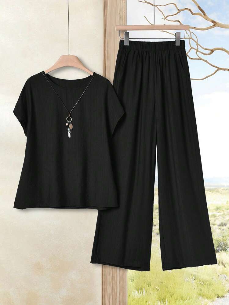 2枚セット プラスサイズ レディース 春 カジュアル ラウンドネック 黒 半袖 シャツ トップス ズボン セット ポケット付き