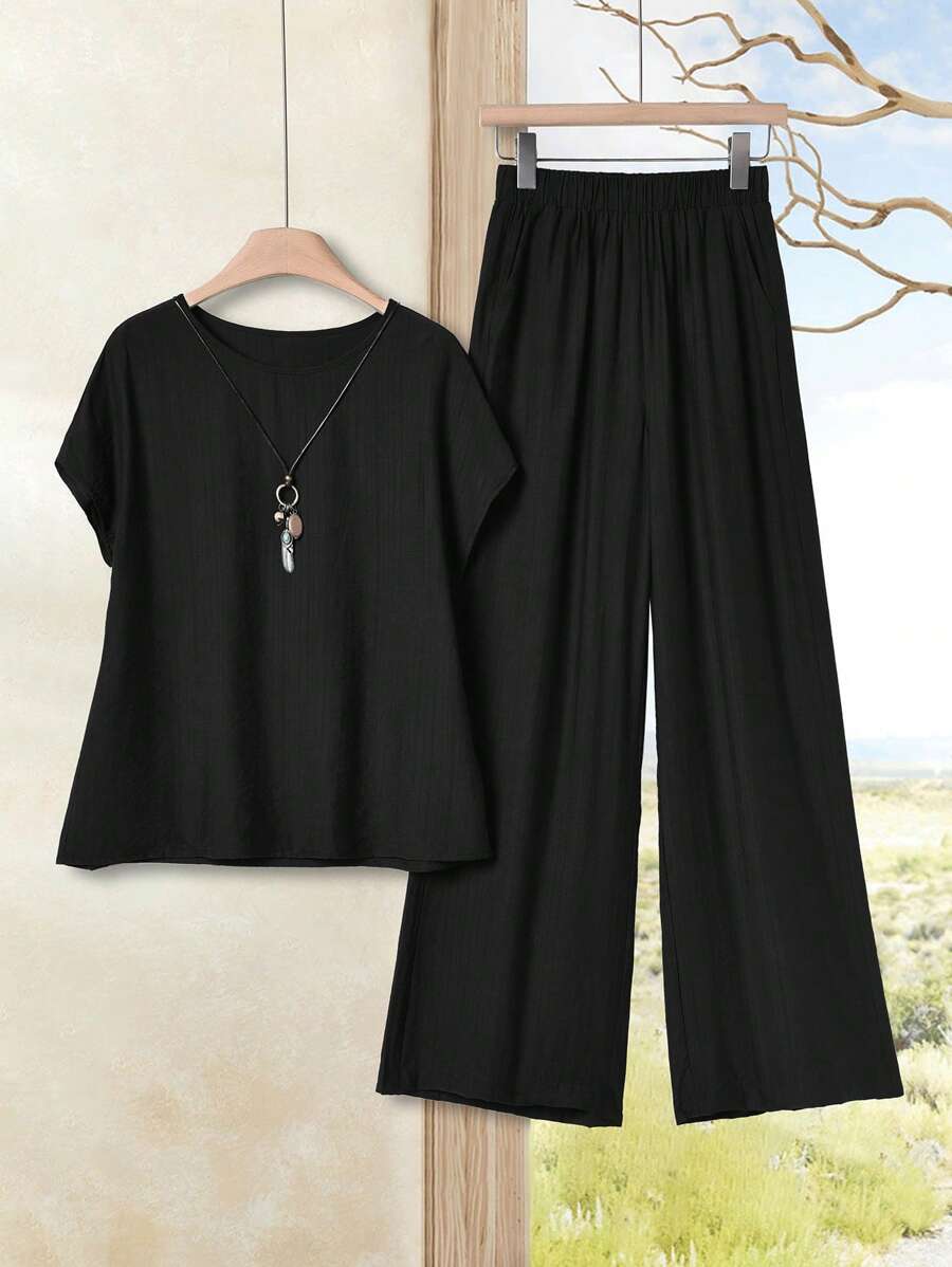 Rusticease 2 件套女士纯色圆领短袖衬衫和阔腿裤套装 - 黑色 - 查看 1