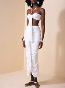 Slaydiva Conjunto de dos piezas con top tipo camiseta de tirantes y volantes en estilo vacacional amarillo para mujer - Blanco - Ver 6