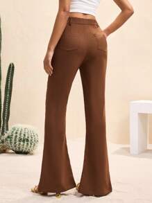 HIBA Dark Brown Solid Color High Waist Gold Button Asymmetric Slit Flared Pants Women's Pants Petite Casual Women Summer Clothes - Brown - View 2