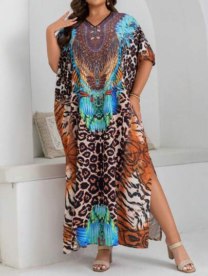 Al Najma Vestido con manga murciélago y estampado de leopardo para mujeres de tallas grandes, ideal para vacaciones