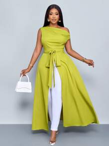 SOLERSUN Blouse asymétrique col plus grande taille avec fente à la cuisse et nœud devant, chemise épaule dénudée