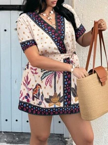 SHEIN LUNE 大码女式棕榈树印花短袖休闲连体裤 - 彩色 - 查看 3