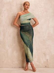 Glamine Women's Summer Green Tie-Dye Spaghetti Strap Split Hem Mesh Dress, Fitted Ruffle Vacation A-Line Gown, Women Formal Dress Women Prom Dresses Women Maxi Dresses Women Summer Dresses Women Dresses Women Short Dresses