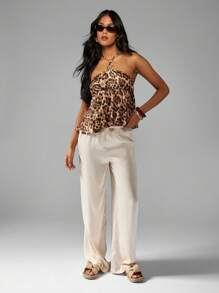 MISSGUIDED Chic Leopard Print Satin Halter Top With Empire Waist Ruffled Flowy Peplum Design Perfect Club Party Festival Summer Evening Wear - Multicolor - View 3