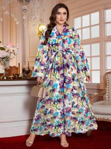 Al Najma Plus Size Women's Stand Collar Long Sleeve Tie-Dye Chiffon Cinched Waist Cinched Waist Romantic Comfortable Resort Dress, Modest - Multicolor - View 1