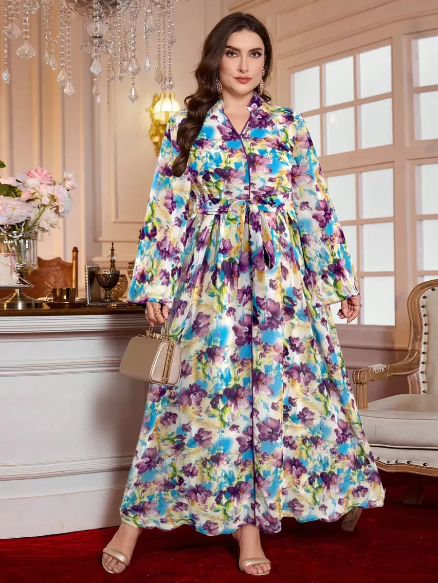 Al Najma Plus Size Women's Stand Collar Long Sleeve Tie-Dye Chiffon Cinched Waist Cinched Waist Romantic Comfortable Resort Dress, Modest - Multicolor - View 1