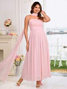 SHEIN Maternity Dress, Baby Shower Dress With Ruched Waist, Ruffle Hem, And Collar - Baby Pink - View 3
