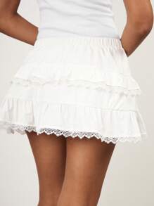 Maija White Pleated Short Lace Trim Skirt, Fashionable Minimalist Versatile Casual Style For Women, Summer Beach Wear, Bohemian Vacation, Dopamine Holiday Vibes, Countryside Music Festival Western Style White Graduation Skirt Birthday Skirt For Women Skirt