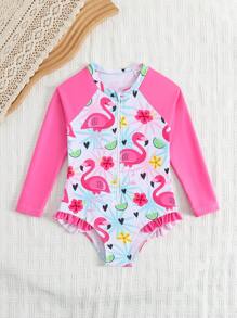 Young Girl Flamingo Print Raglan Long Sleeve Ruffled One-Piece Swimsuit - Multicolor - View 5