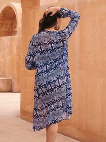 Swim Oasis Women Chic Swimsuit Set, Featuring All Over Print One Piece Swimsuit With Long Mesh Cover-Up For Spring & Summer - Multicolor - View 4