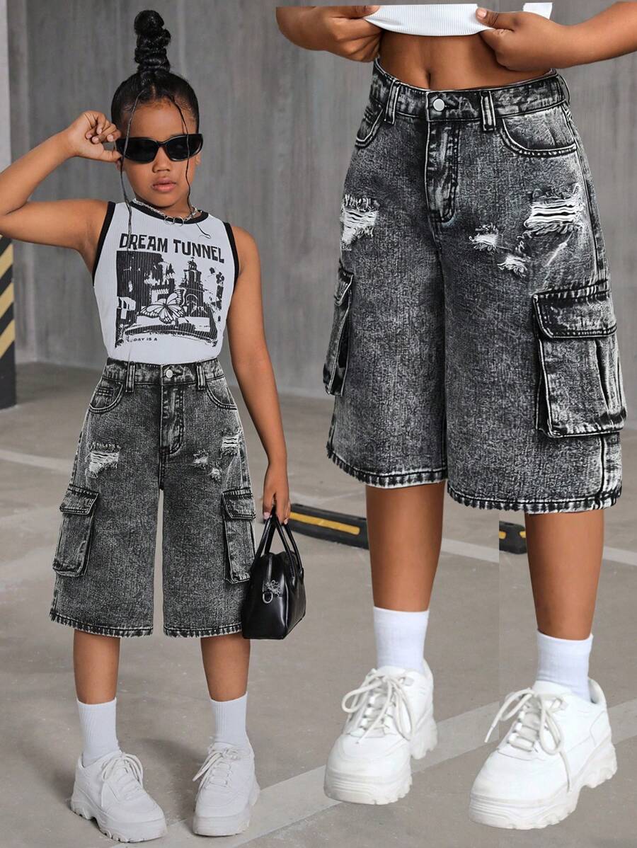 SHEIN Tween Girls Y2K Fashion Retro Stonewashed Flap Pocket Baggy Denim Cargo Jeans Long Shorts, Girls Fall Clothes Back To School Outfits - Light Grey - View 1