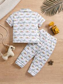 2pcs Baby Boy Knitted Collar Short Sleeve Top & Car Print Pants Home Outfit, Spring/Summer - Multicolor - View 2