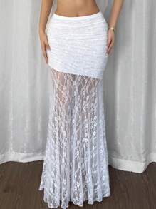 Firerie 女士白色蕾丝不对称下摆高腰半身裙，适合通勤/优雅/性感/度假/海滩/浪漫/约会/情人节/婚礼季演唱会狂欢女裙 - 白色 - 查看 2