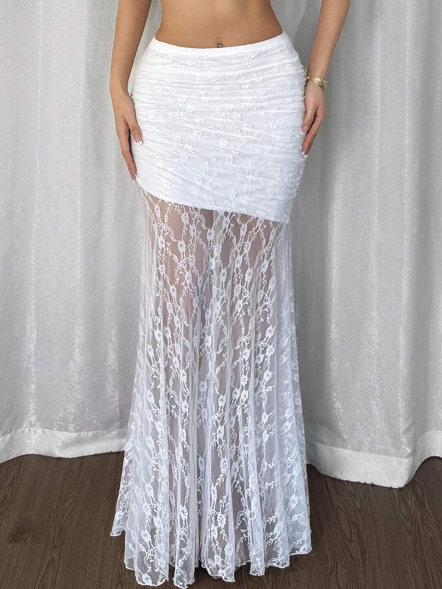 Firerie 女士白色蕾丝不对称下摆高腰半身裙，适合通勤/优雅/性感/度假/海滩/浪漫/约会/情人节/婚礼季演唱会狂欢女裙