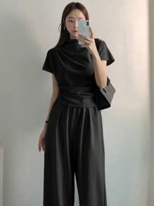 DAZY 女士纯色短袖褶皱上衣和裤子两件套家居服套装 - 黑色 - 查看 1