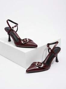 CUCCOO GRLICON 女士 Y2K 朋克风格高跟鞋，适合摩托车、酷女孩、万圣节、圣诞节、派对装扮 - 酒紅色 - 查看 3