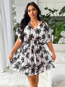 Swim Lushoire Plus Size Women Leaf Print V-Neck Waist Tie Wrap Dress - Black and White - View 1