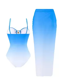 Swim Oasis Conjunto de verano para mujer - Traje de baño bandeau con adorno de estrella de mar hueca metálica y tirantes desmontables, con estampado de patrón retorcido y falda pareo