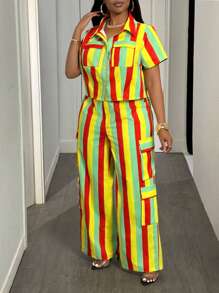 Slaydiva Tuta casual attillata a righe gialle e verdi con camicia e pantaloni, adatta per primavera ed estate - B