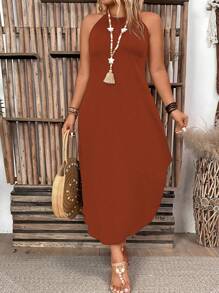 EMERY ROSE Plus Size Women's Solid Color Simple Daily Open Shoulder Dress Maxi Women Outfit - Redwood - View 6