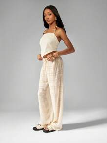 MISSGUIDED 纹理度假沙滩裤抽绳阔腿裤松紧腰夏季度假休闲裤 - 杏色 - 查看 3