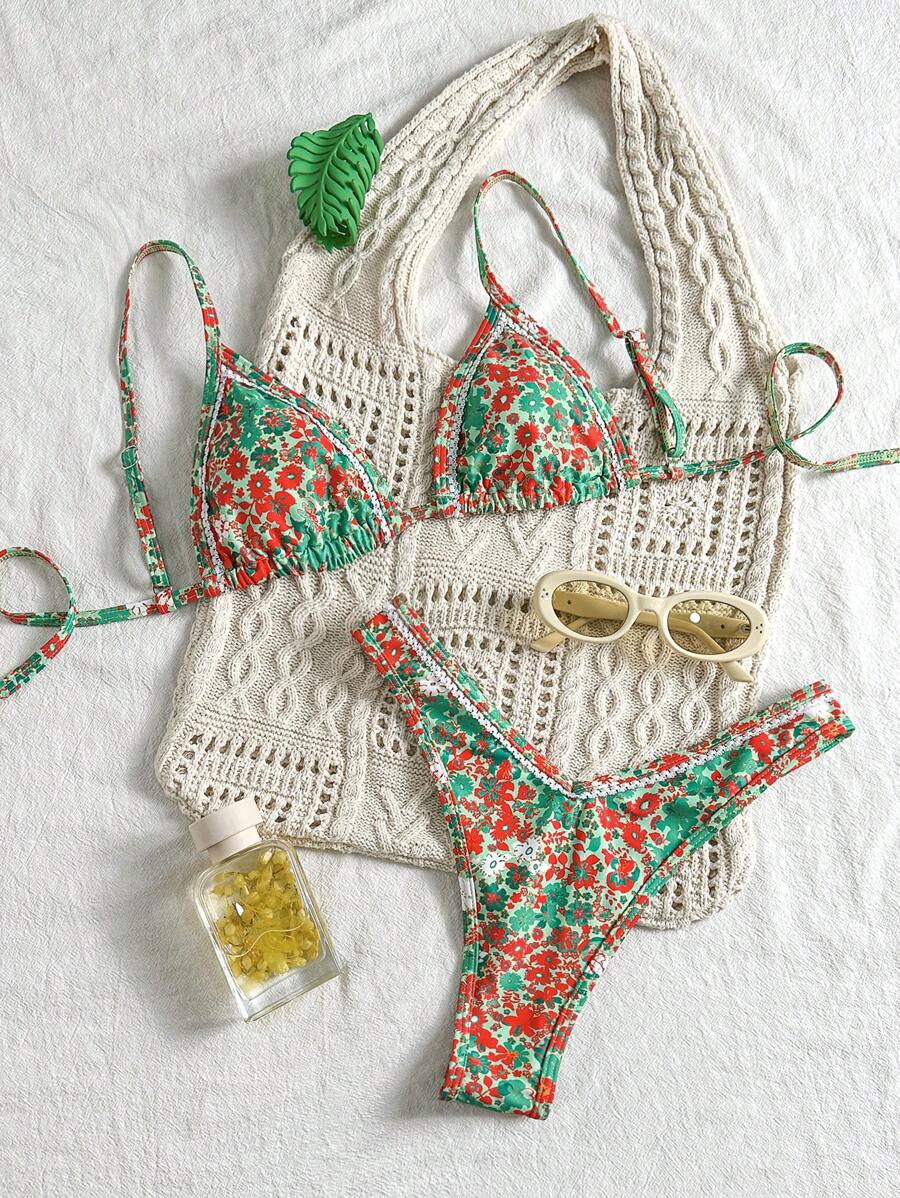 Swim Mod Women Beach Summer Random Floral Print Spaghetti Strap Ruffle Hem High Cut Bikini Set For Holiday - Multicolor - View 1