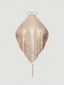 EgrlEra Women's Summer Sleeveless Metal Mesh & Rhinestone Diamond Detail Halter Neck Top Y2K For New Year Holiday Party - Gold - View 6