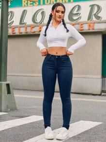 Jeans casuales de mujer con botones frontales y bolsillos, para uso diario - Azul lavado oscuro - Ver 5