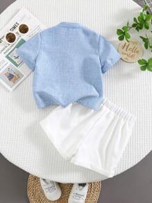 SHEIN Leap Crew 2 件装男婴休闲学院风可爱百搭夏季蓝色短袖领衬衫和短裤套装，适合生日派对、晚会、表演、婚礼、迎婴派对、婚礼嘉宾、花童、戒童、花童 - 彩色 - 查看 2