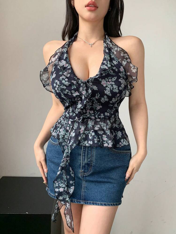 Women Ditsy Floral Halter Neck Backless Crop Tank Top, Elegant Vacation Summer Top,Ruffle,Boho Tops Festival Cruise For Women