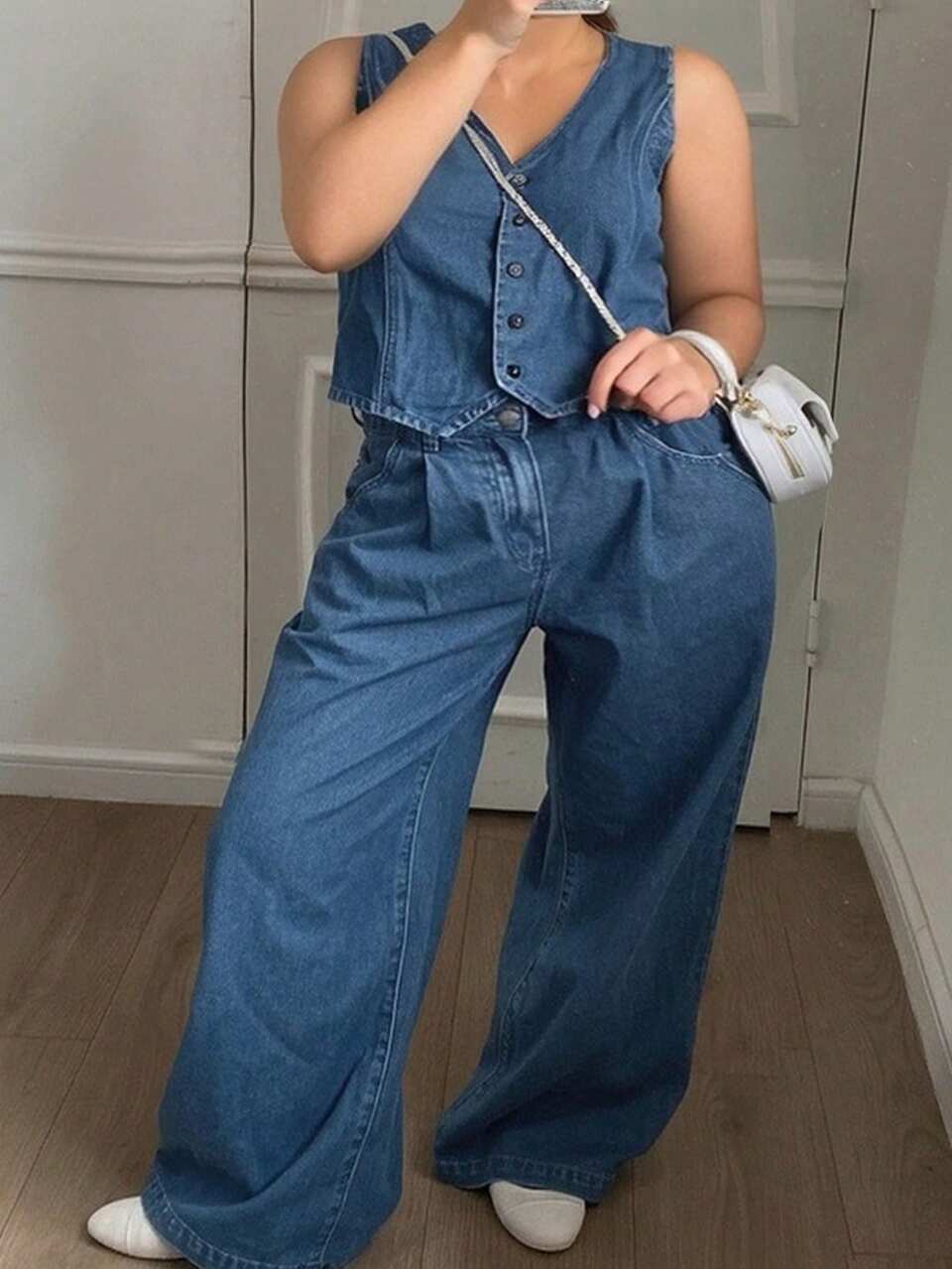 Dazy Plus 2pcs/Set Solid Color Washed Sleeveless Denim Jacket And Jeans Pants, Spring/Summer/Autumn