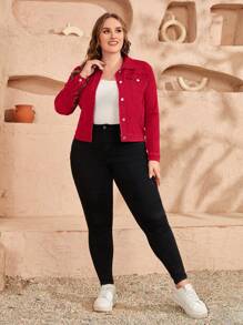 EMERY ROSE Plus Size Women's Long Sleeve Single-Breasted Casual Denim Jacket Festival Elegant Elegant - Red - View 3