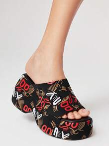 ROMWE Women Gothic Style Print Black Square Toe Platform Slip-On Sandals, Halloween - Multicolor - View 3