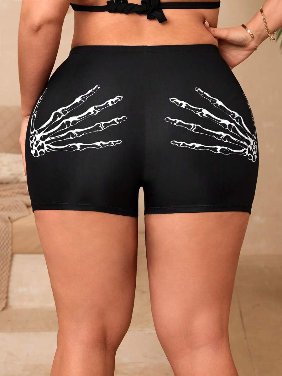 Plus Size Women Skull Print Swim Bottoms For Summer Beach Vacation - Black - View 1