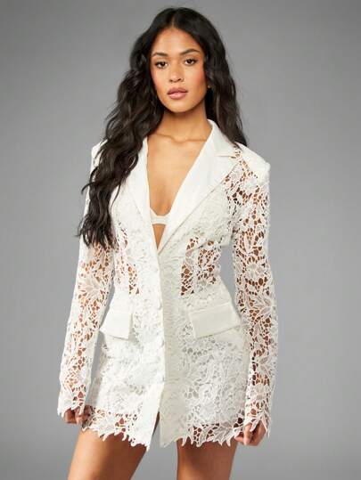 MISSGUIDED Luxury Crochet Lace Blazer Short Set Co-Ord Wedding Reception Bridal Shower Two Piece Evening Party Business Summer Formal Suit