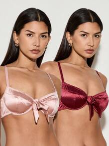 AiiRZ 2 Pack Luxury Satin Bow Front Bralette Underwired Push Up Padded Party Evening Holiday Resort Bra Spring Summer Collection - Multicolor - View 1