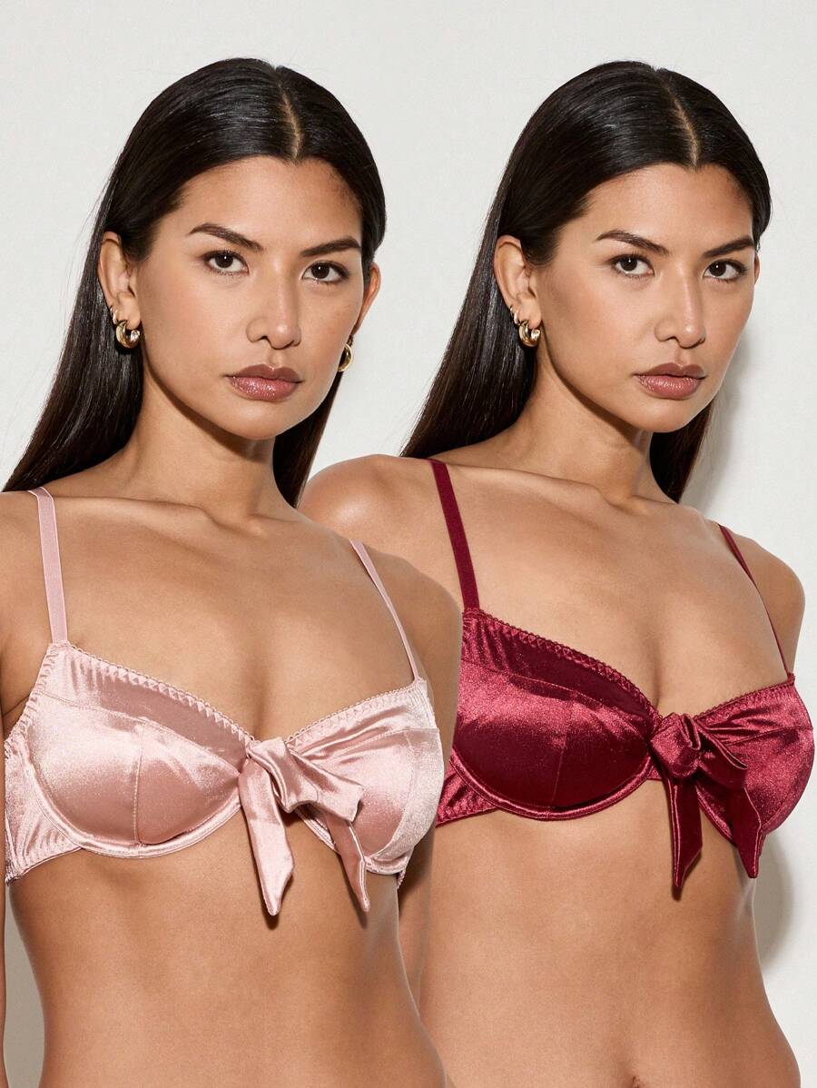 AiiRZ 2 Pack Luxury Satin Bow Front Bralette Underwired Push Up Padded Party Evening Holiday Resort Bra Spring Summer Collection - Multicolor - View 1