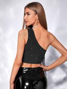 Allurite Women's Fashion Fringe Decor Sleeveless Tank Top, Summer Halloween, Christmas - Black - View 2