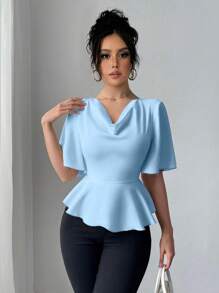 Rafferiza 女式缎面荷叶边领口收腰高端衬衫，春夏