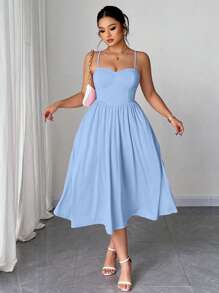 Elenzga 大码浪漫优雅纯色细肩带弹力针织连衣裙，适合情人节 - 藍色 - 查看 5