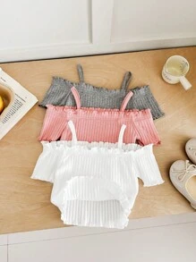 SHEIN 3pcs/Set Baby Girl Cute Simple Solid Color Off-Shoulder Short Sleeve Knit Tops - Multicolor - View 6