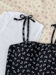 SHEIN 2 件套少女白色针织修身短款 T 恤和黑色蝴蝶结碎花吊带背心连衣裙，休闲度假舒适家居服，适合春夏，清新女孩造型 - 黑與白 - 查看 5