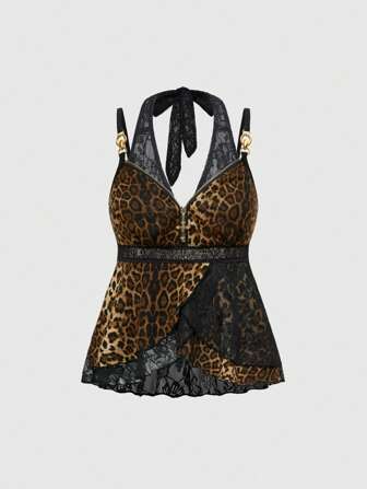 J-Fashion Conjunto de 2 piezas de camisola con decoración de metal en cruz y estampado de encaje y leopardo, estilo Harajuku Y2K