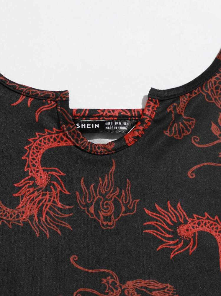 SHEIN EZwear Top tank corto ribete en forma de lechuga con estampado de dragón - Negro - Añade 5