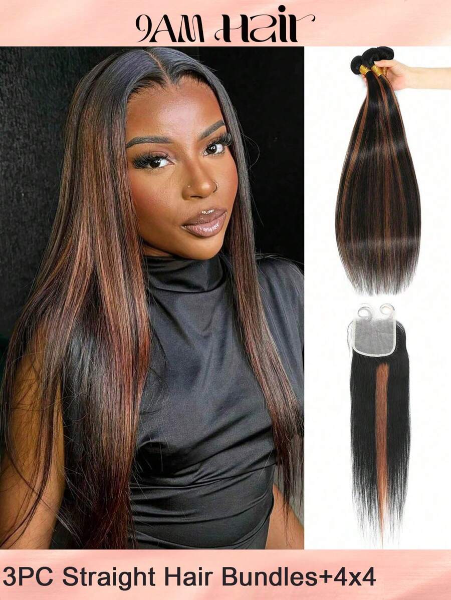 3pcs Straight Hair Bundles 4x4 Lace Front Closure With Baby Hair Around Transparent Lace Unprocessed Human Hair 1B/30 Color 3 Bundles Human Virgin Hair Extensions For Women Hair - S1/30 - View 1
