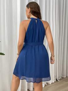 SHEIN Privé Plus Size Women's Elegant Halter Chiffon Beach Vacation Loose Swing A-Line Dress With Tie-Front Waist, Suitable For Spring & Summer - Blue - View 2