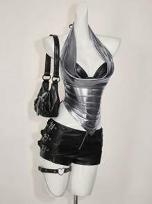 SHEIN ICON Áo không tay hở lưng cổ xếp nếp gợi cảm bằng kim loại cho nữ, trang phục đi nghỉ Boho mùa hè, trang phục đi nghỉ thanh lịch, váy dự tiệc cưới giản dị cho nữ, áo Rave - Bạc - Xem 4